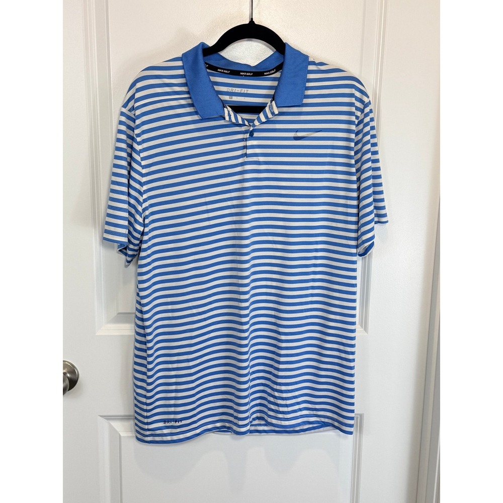 Nike‎ Golf Dri Fit Men's Blue White Stripe Polo Shirt Large L Performance Active